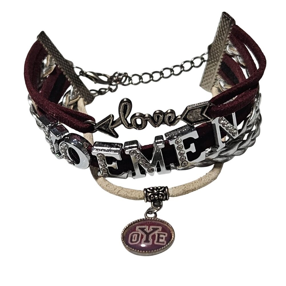 Handmade Yoemen Love Charm Bracelet Braided Leather Metal Accents Adjustable